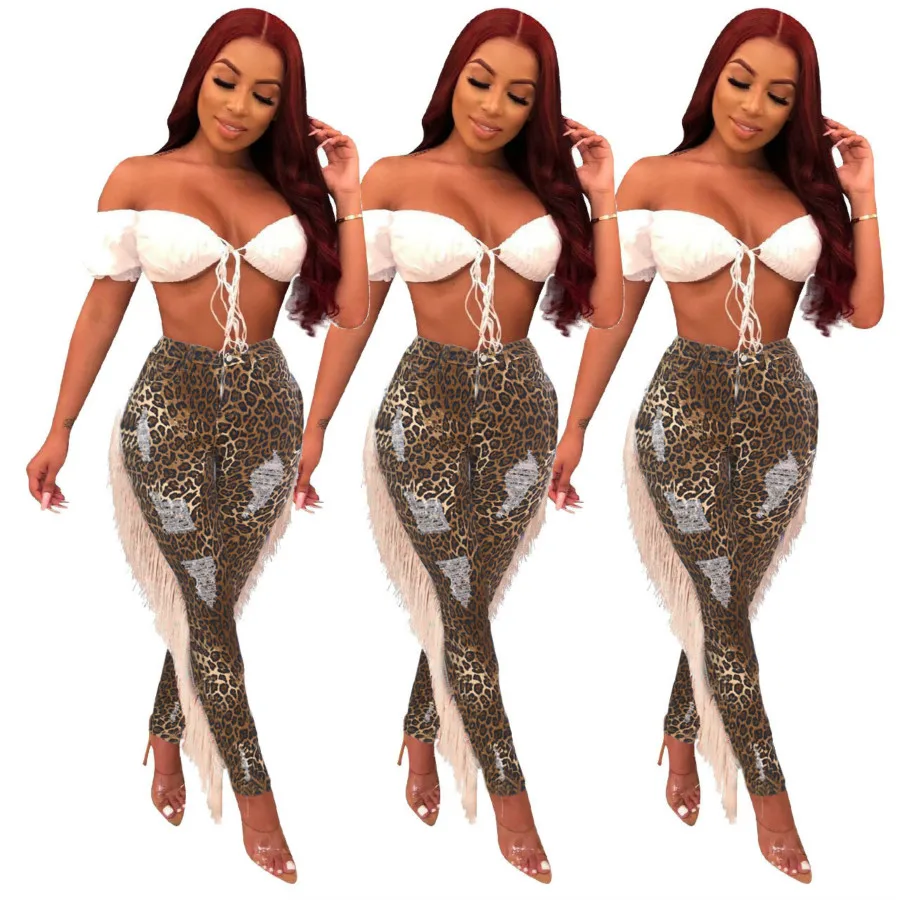 

Women's jeans fashionable leopard pattern perforated tassel washed jeans in Europe and America in summer 2020
