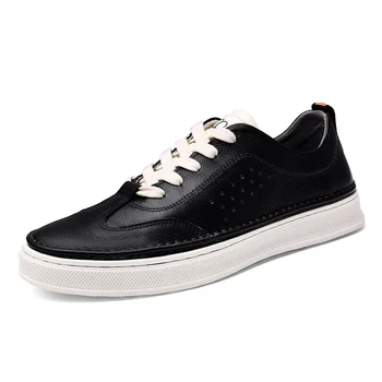 

Urban Fashion Korean White Sneakers Men Casual Shoes Genuine Full Grain Leather Flats Thick Outsole Quality Breathable Lace Up
