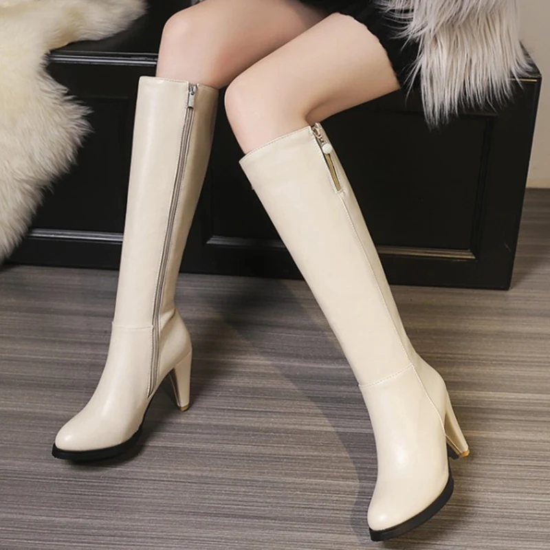 Women Winter Knee High Boots Spike High Heel Long Fur Snow Boot Black Beige Zipper Black Warm Party Shoes Large Size 45 women knee boots