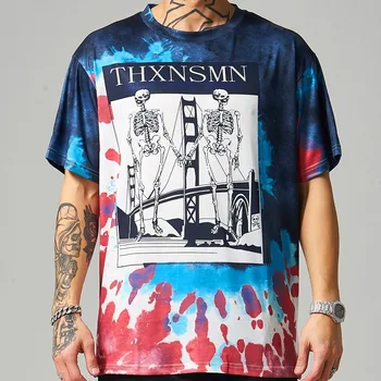 

M43T5 Tshirt Men's 2020 Summer New Printed Skulls Japanese Style Cool Street Trend Abstract Tie-Dye Loose Trade Men's T-shirt