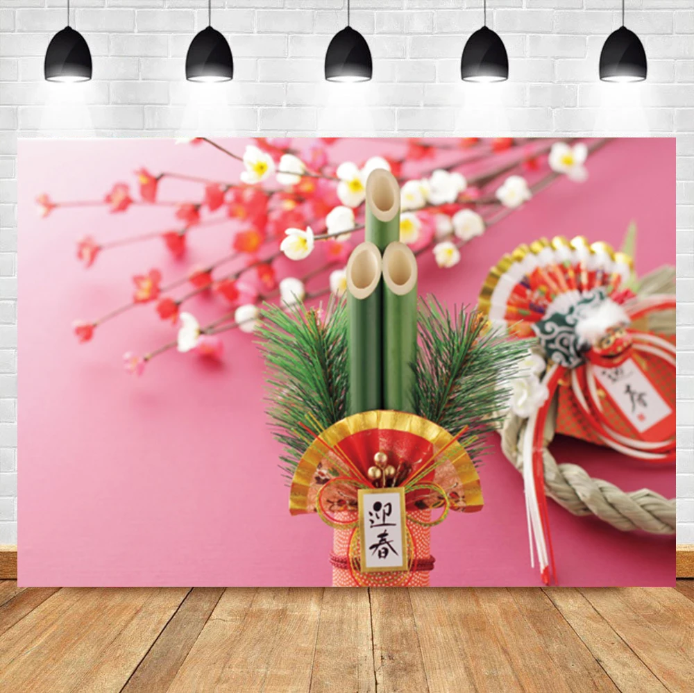 

Laeacco Pink Cherry Blossom New Year Kadomatsu Japan Longevity Birthday Backdrop Photographic Photo Background For Photo Studio