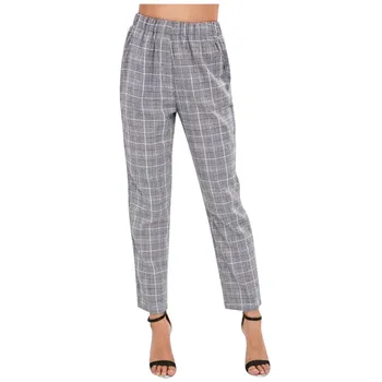 

2019 New Style Women Fashion Casual Slim Office Ladies High Waist Plaid Calf-length Pants Sandy Beach Pants Z815