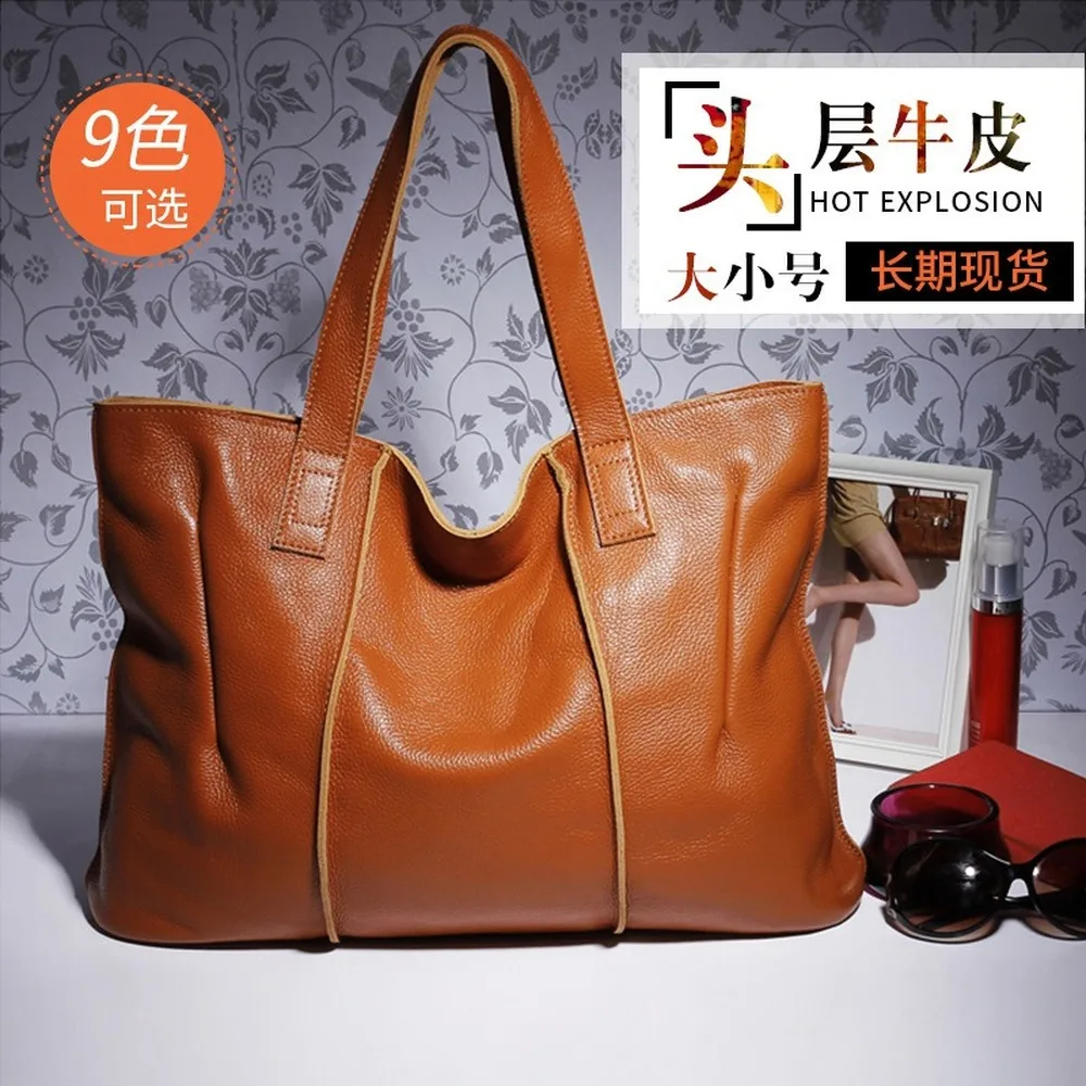 

Real leather women's handbag European American top layer cowhide single shoulder large tote bag