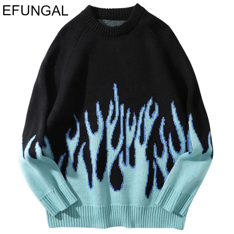 EFUNGAL хип-хоп свитера Fire Flame трикотажные мужские джемперы Harajuku уличная одежда 2020