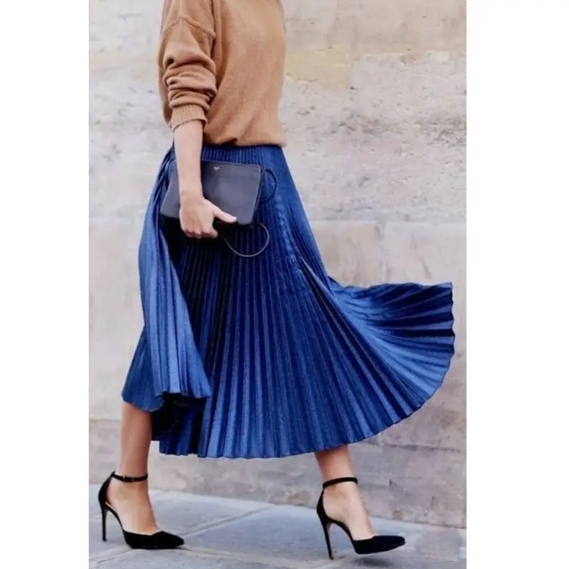 New Spring 2020 Women Long Metallic Silver Maxi Pleated Skirt Midi Skirt High Waist Casual Party Skirt Vintage Autumn Warm Skirt New Spring 2020 Women Long Metallic Silver Maxi Pleated Skirt Midi Skirt High Waist Casual Party Skirt Vintage Autumn Warm Skirt