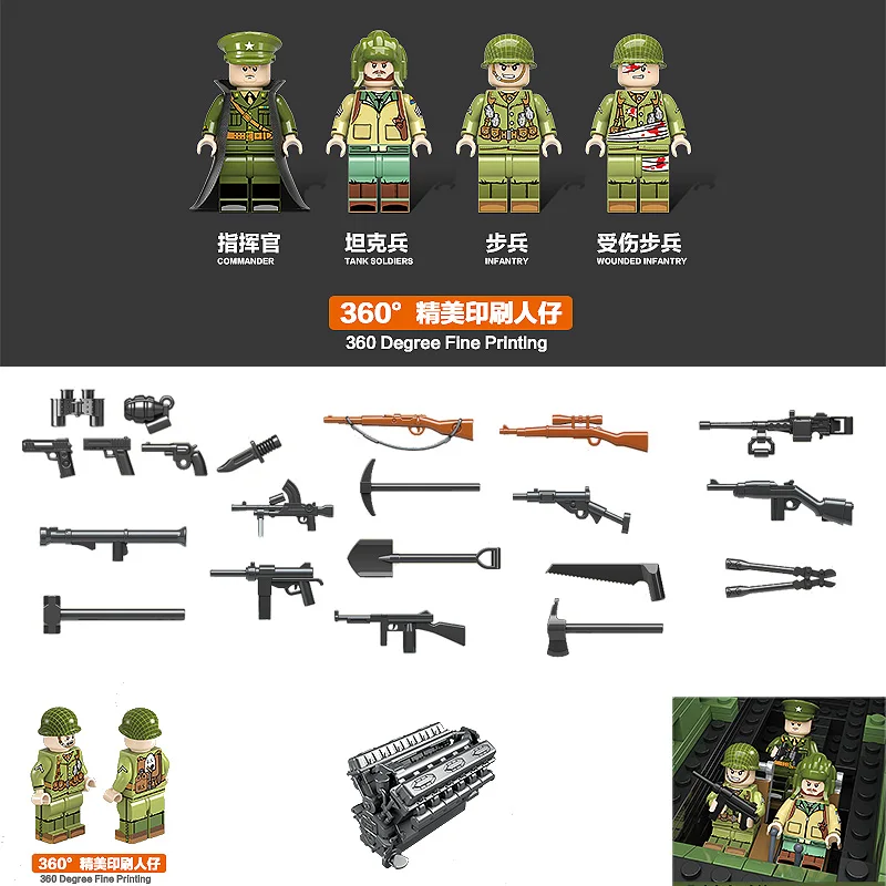 Ceny 726 sztuk wojskowy US Sherman M4 zbiornik klocki legoing WW2 wojskowy czołg armii żołnierzy figurki kask części broni cegły