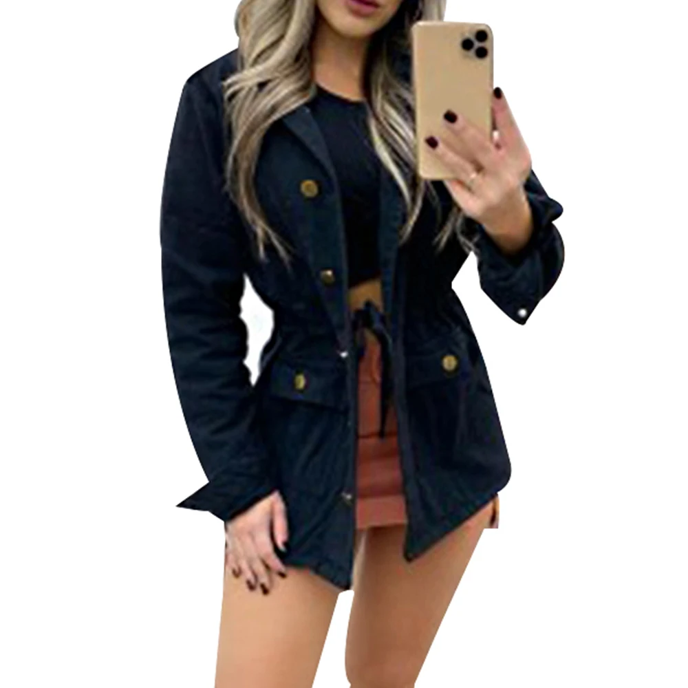 Sale Women Button Coat Office Lady Fall Jacket Slim Pocket Elegant Outwear Vintage Jacket Drawstring Streetwear Winter Coats Q30 1