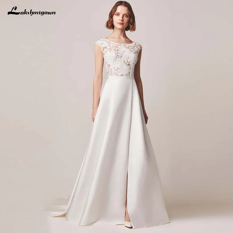 Lakshmigown пляжное свадебное платье 2019 сексуальное спереди разрезное кружевной рукав-крылышко Аппликация Атласное Свадебное Платье Иллюзия