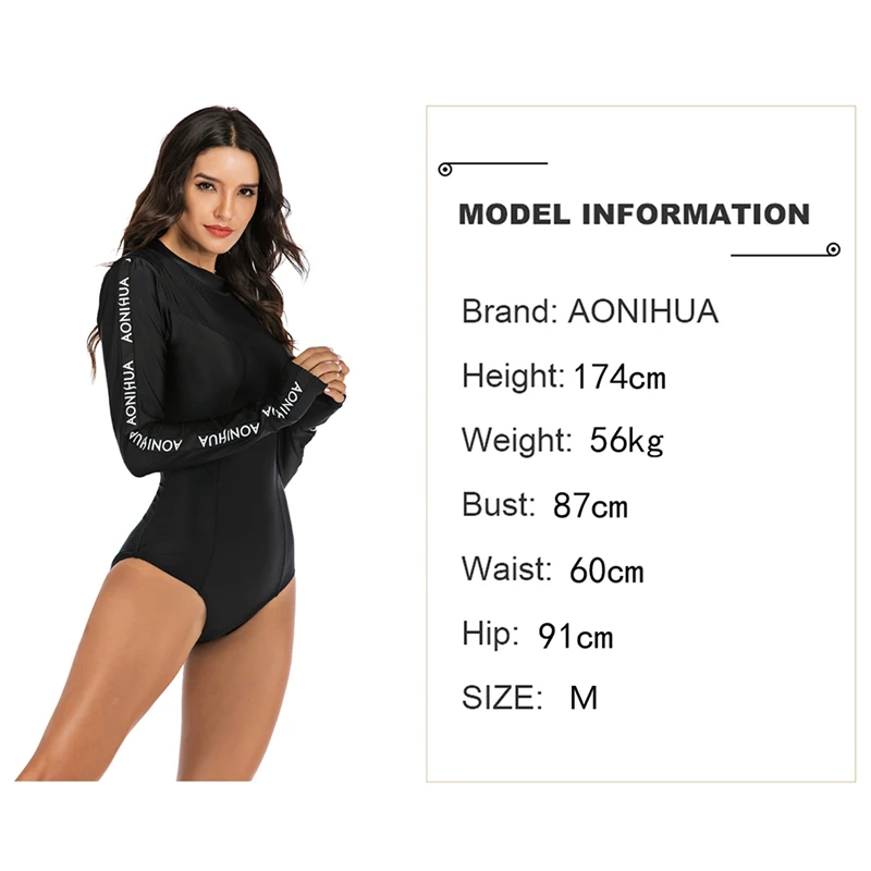 Sexy One Piece Swimsuit Push Up Long Sleeve Back Zipper Swimwear Women Black Beachwear Bathing Suit