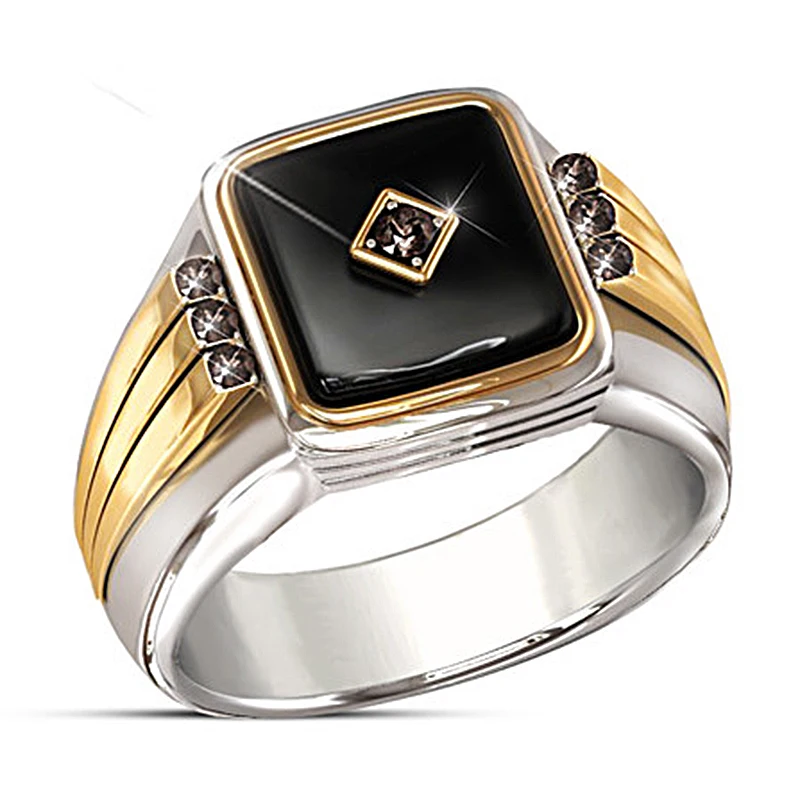 

Gothic Two-tone Signet Mens Ring Black Classic Big Resin Stone Engraved Male Rings for Women Good Luck Jewellery O5M458