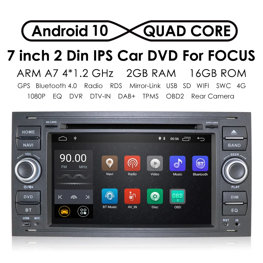 Автомобильный DVD-плеер 7 дюймов DSP IPS 2 Din Android 10 GPS для Ford Mondeo S-max Focus C-MAX Galaxy Fiesta transit