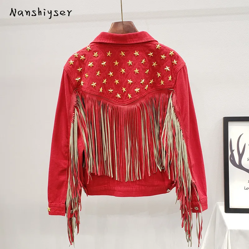 

Women's Denim jacket 2020 Autumn New Vintage Star Rivet Suede Fringe Loose Long sleeve Casual Outerwear Female Boho Jean jacket