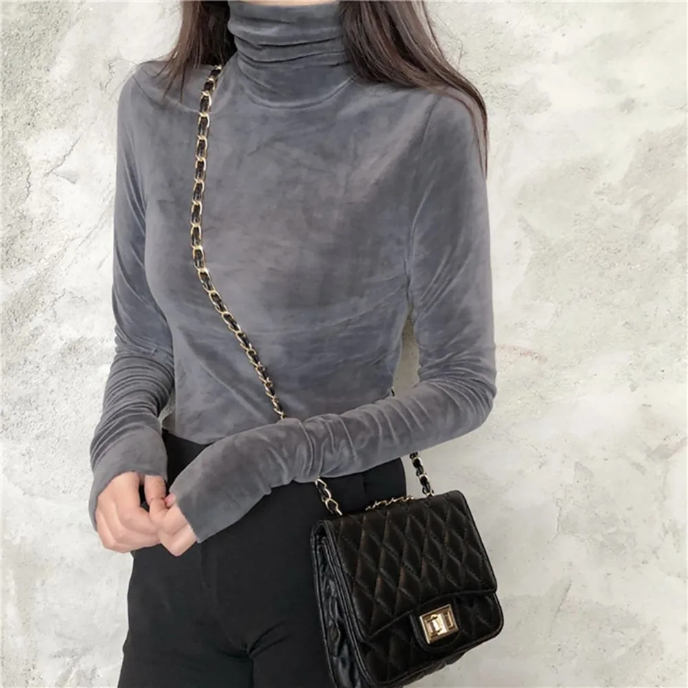 Women T-Shirt  Soft Fleece Velvet Turtleneck Shirt Solid Long Sleeve Autumn Fitness Vintage Girls Bottom Tops Women Clothing