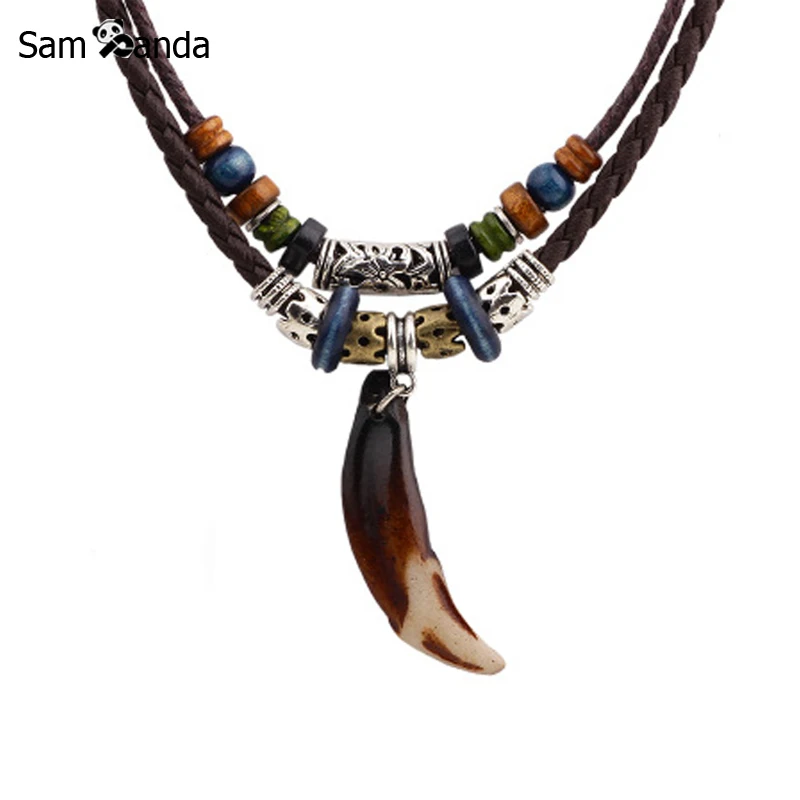 

Men's National Tibetan Dog Teeth Pendant Necklace Vintage Alloy Leather Pendant Necklace Fashion Choker Jewelry Gift