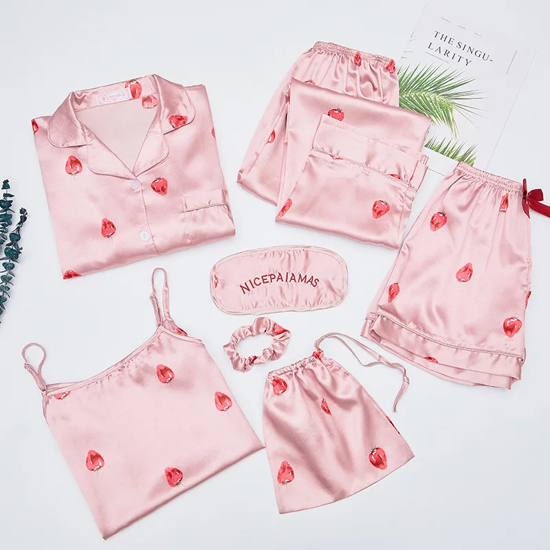 7 шт. комплект лед Шелковая пижама Женская печать мода с длинным рукавом ночная рубашка шорты брюки комплект Пижама - Цвет: Strawberry Pink