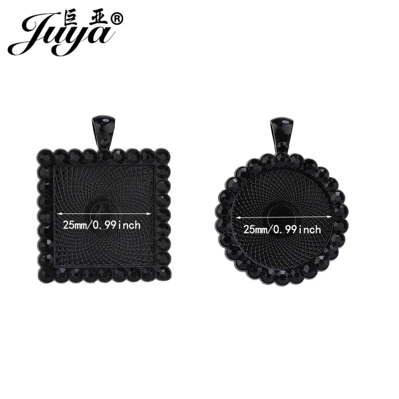 20PCS Black Rhinestone Pendant Base 25mm Alloy Cabochon Tray For Necklaces Keychains DIY Jewelry Making Components Findings