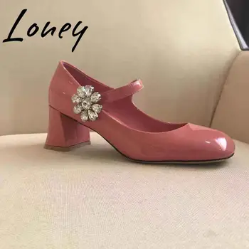 

OllyMurs New Black Pink Genuine Leather Round Toe Spring Summer Pumps Crystal Floral Buckle Strap HIgh Heel Pumps Shoes Women