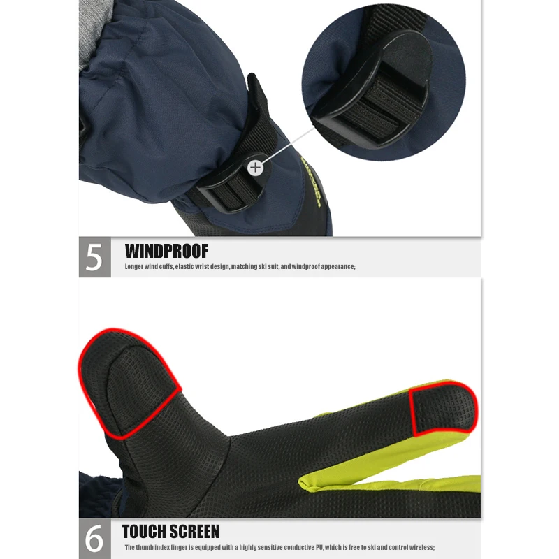Ski Mittens Gloves 3 Fingers Touch Screen Winter Outdoor Warm Men Women Long Wrist Winter Warm Mittens Snowboard Ski Gloves