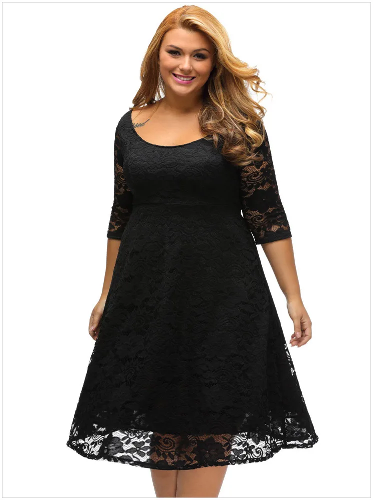 Womens Plus Size Party Dress Female Fashion Hollow Out Swing Dresses Women Crew Neck Half Sleeve Swing Gown Dress AA51962