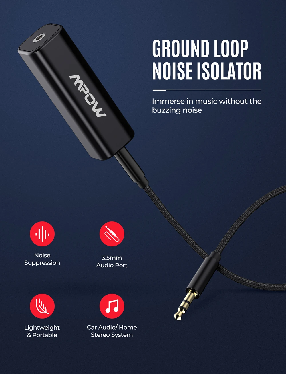 Mpow заземление петли шума изолятор для автомобиля аудио домашняя стерео система с 3,3 футов Расширенный 3,5 мм аудио кабель для Bluetooth приемник