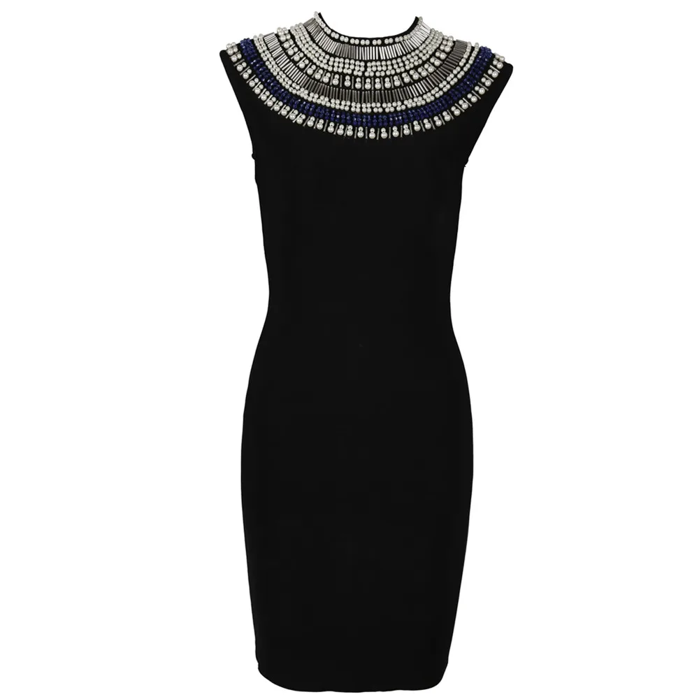 

Women Luxury Rayon Bandage Dress Beading Collar Black Bodycon Evening Party Cocktail Dress Ladies Elegant High Street Outwear