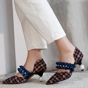 

Karinluna New Brand Design Ruffles Lady Pearls High Heels Summer Women Shoes Party Office Pumps Woman