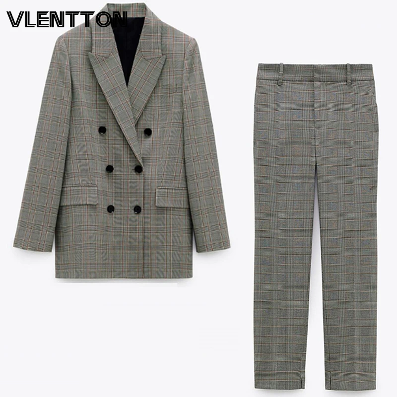 

Spring Autumn Women Vintage Plaid 2 Pieces Set Elegant Office Blazer Jacket Coat+Zipper Pants Suit Female Loose Trousers Outfits