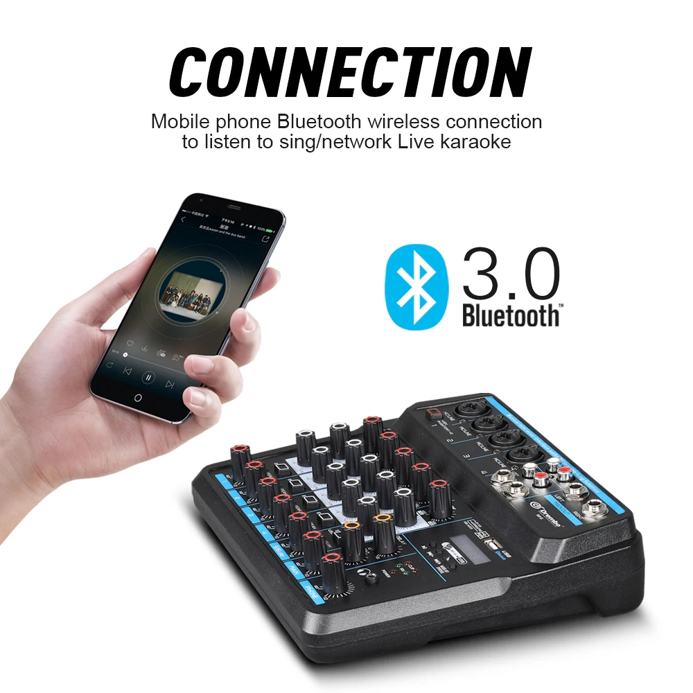  Drembo M-4/6 Protable Mini Mixer Audio DJ Console with Sound Card USB 48V Phantom Power for PC Reco