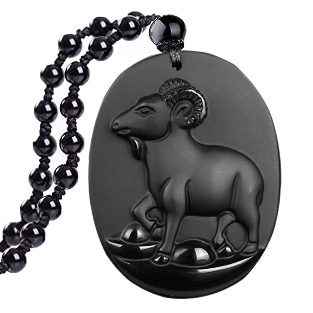 Natural Obsidian Chinese 12 Zodiac Pendant Necklace Series Pattern Grunding Stone Gemstone Horoscope Animal Sign Amulet | Украшения и