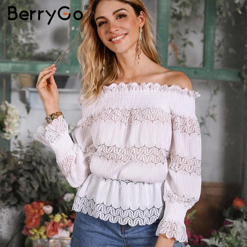 BerryGo элегантная женская блузка с открытыми плечами кружевная эластичная рубашка