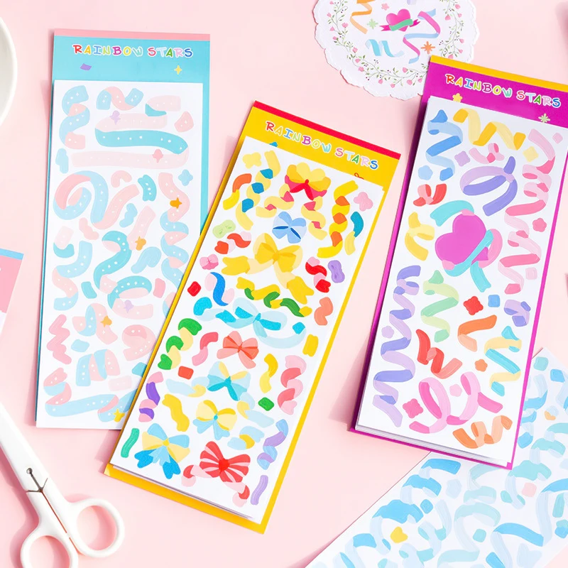 3 Sheets Ribbon Stickers Craft For Arts Greeting Cards Home Decoration Rainbow Sky Star Series Colorful | Дом и сад