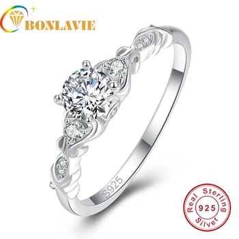

BONLAVIE Fine Jewelry 100% 925 Sterling silver Ring Round Cut wedding bands engagement Natual Stone woman rings Y0075R