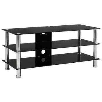 

Modern Fashion Practical Glass TV Stand Strong Safe Easy To Clean Assemble With 2 Partitions Living Room Home Decoration Black