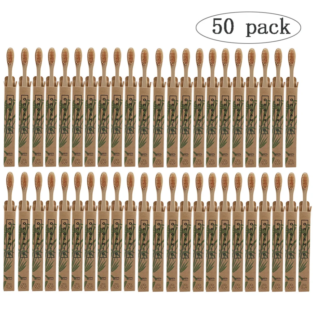 50pcs Natural Bamboo Toothbrush Wood Toothbrushes Soft Bristles Capitellum Fiber Teeth brush Eco-Friendly Oral Tooth Care - Цвет: Beige