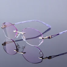 Экстравагантные женские очки для чтения из сплава, женская фиолетовая оправа, стразы, обрезные очки без оправы, прозрачные линзы, mujer gafas
