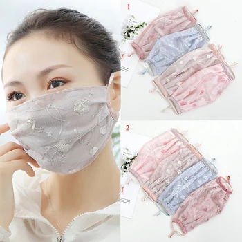 

Women Lace Embroidery Floral Sunscreen Imitation Silk Breathable Mouth Muffle Summer Sun Protection Mouth Face Dust-Proof Mask