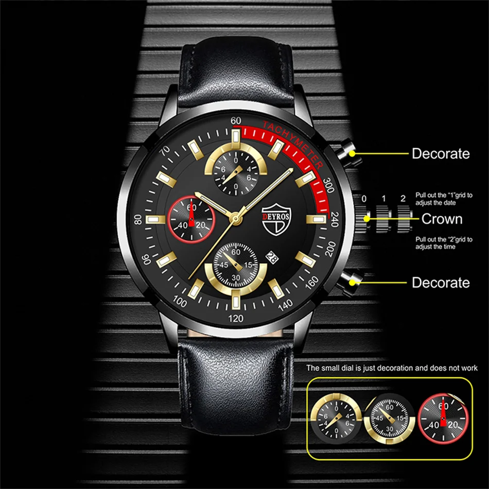 Luxury Mens Leather Watches Stainless Steel Fashion Calendar Quartz Wrist Watch Leather Bracelet Male Business Luminous Clock