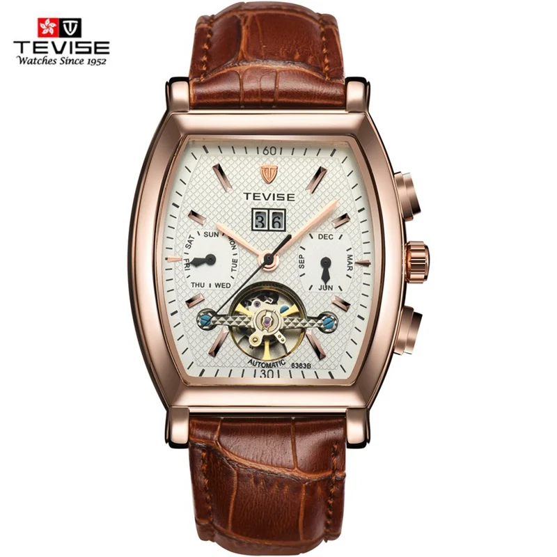 TEVISE Лидирующий бренд Tourbillon автоматические механические мужские часы модные календари недели самообмотки бизнес кожа наручные часы - Цвет: Brown-Rose-White