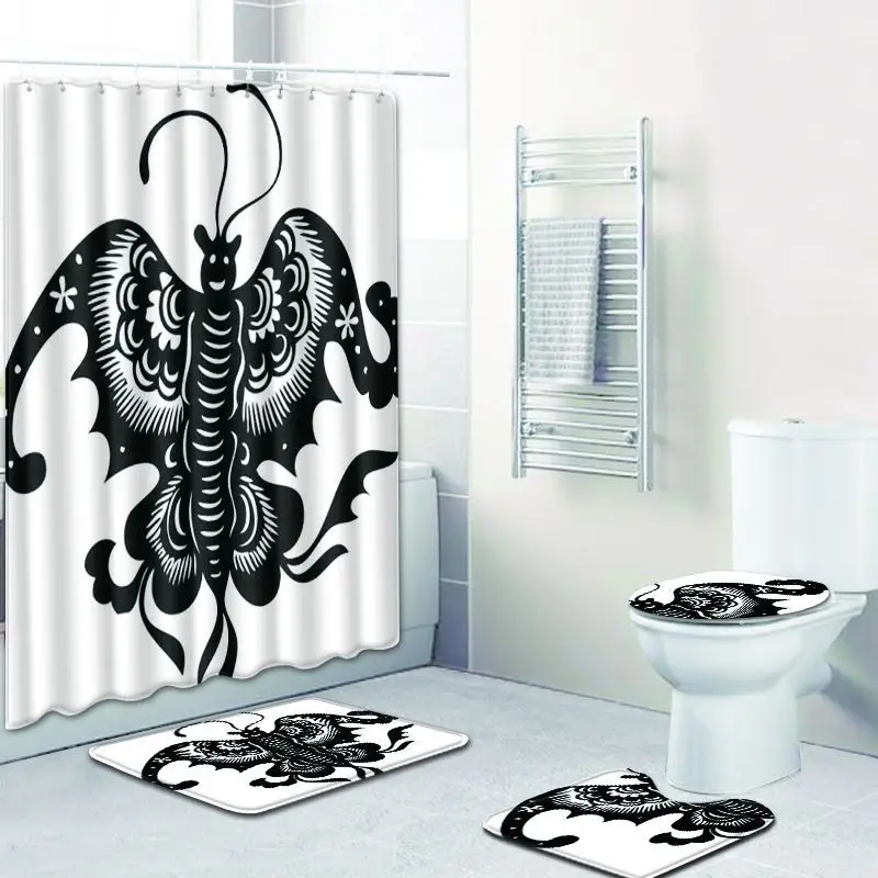 WD39 Zeegle Printed Bath Mat Set with Shower Curtain Bath Mat Set Pedestal Rug Lid Toilet Cover Waterproof Bath Curtain with Hooks - Цвет: WD39