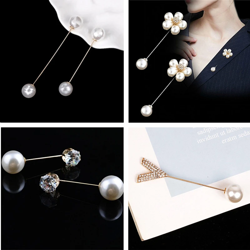 

Double Head Imitation Pearl Brooch Pin Simple Gold Color Rhinestone Brooches Fashion Cardigan Clothing Safety Pin Accessories