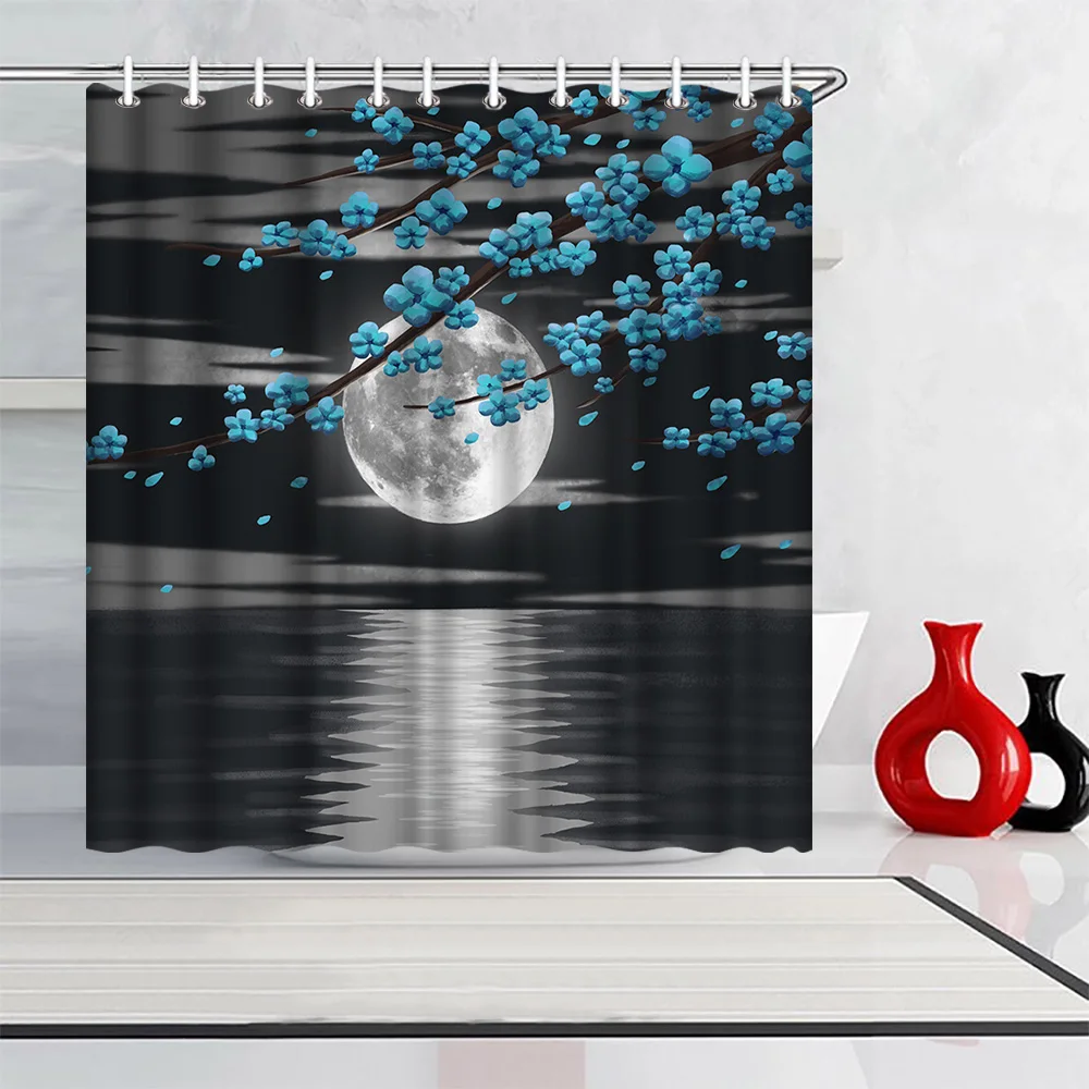 

Photo Custom Shower Curtain Moon and Flower Waterproof Polyester Fabric Bath Curtain for Bathroom Decor with Hooks 180x180cm