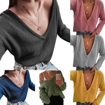 

Women Casual Solid Color Deep V Knitted Sweater Jumper Long Sleeve Pullover