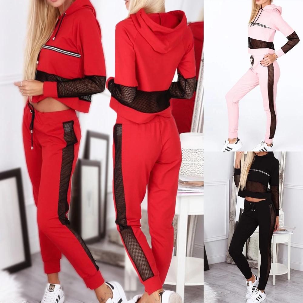 Conjunto de 2 piezas, ropa deportiva para mujer, de 2019, Sudadera con capucha informal, pantalones largos, chándales conjuntos de malla de retazos de sudor juego|Trajes de pantalón| -