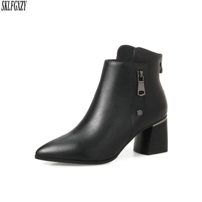 

2019 New Women's Boots Cow Leather Zipper Square Heel Winter Ankle Shoes Handmade Fashion Polka Boots