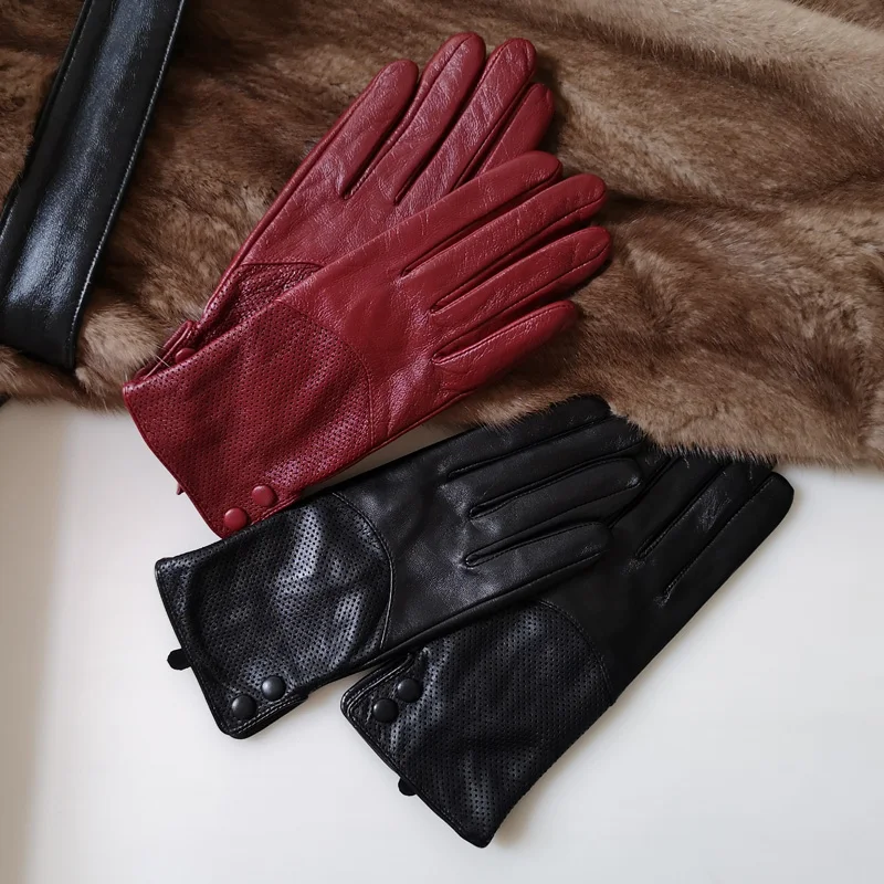 Real Leather Gloves Female Thin High Quality Goatskin Keep Warm  Hollow With Button Spring Autumn Fashion Women Gloves L090NN