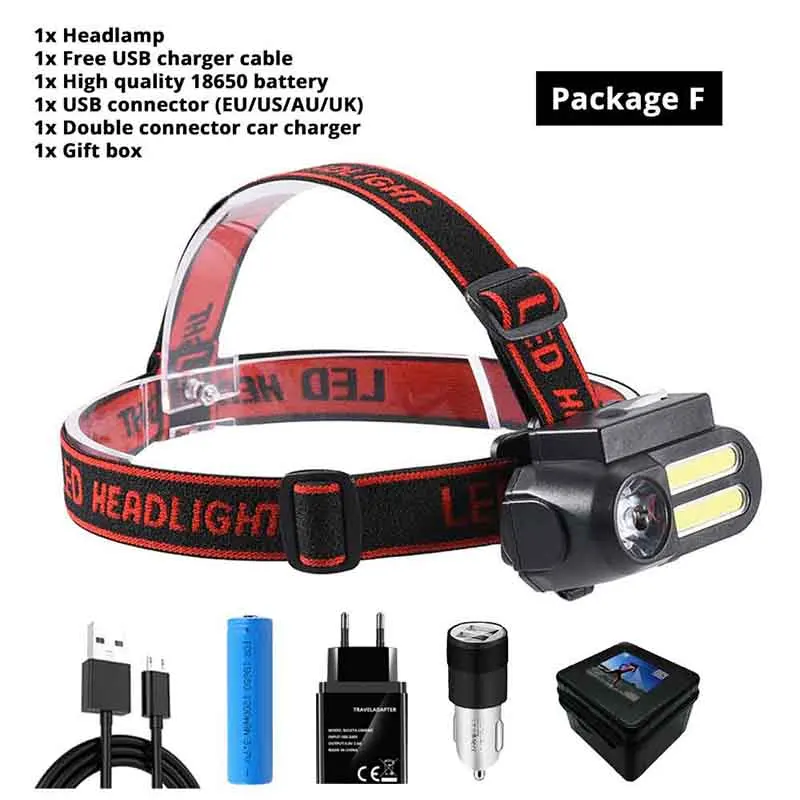 Package F Super Bright LED Headlamp COB Work Light 4 Lighting Mode Waterproof Headlight Powered By 18650 Battery Suit for Night Lighting - Испускаемый цвет: Package F