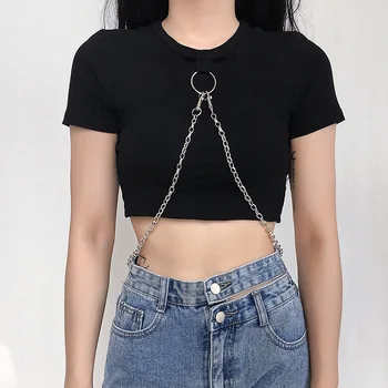 

NCLAGEN Chains T Shirt Short Sleeve Slim Fitness Crop Top Women Summer Navel Bare Knitted Tshirt Black Streetwear Short Outfit