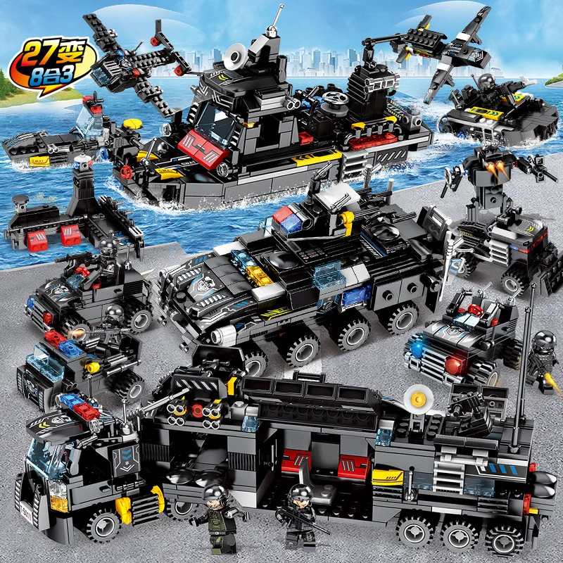 

695pcs 8 in 1 the SWAT City Police Truck Model Set Armored vehicle Boat Helicopter Legoness Building Blocks Bricks Children Toys