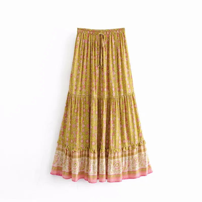 Boho шикарная летняя винтажная Цветочная Печать Лоскутная макси юбка женская модный шнурок эластичная талия отдых пляжные юбки - Цвет: as picture