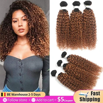 

T1B/30 Ombre Brown Kinky Curly Human Hair Bundles 1PC Brazilian Human Hair Weave Bundles Non-Remy Blonde Hair Extension SOKU